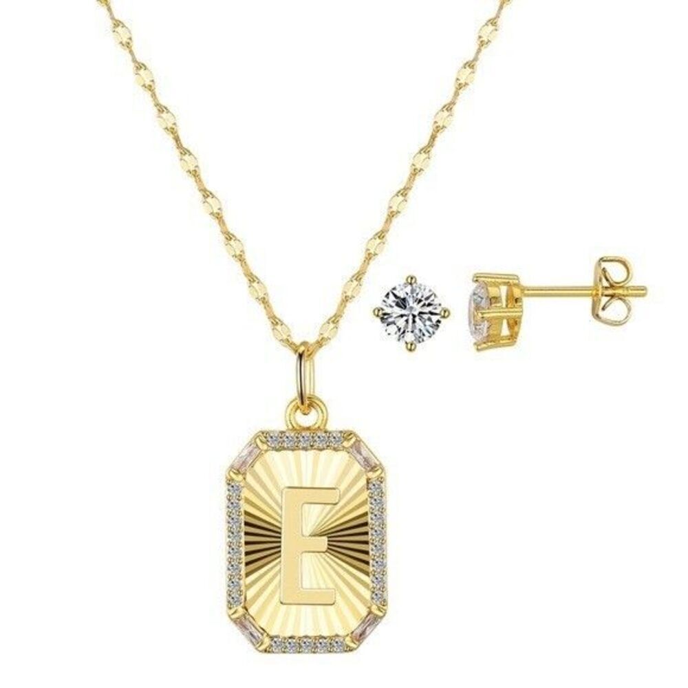 Unwritten Cubic Zirconia Initial Pendant Necklace Stud Earring Set Gold E